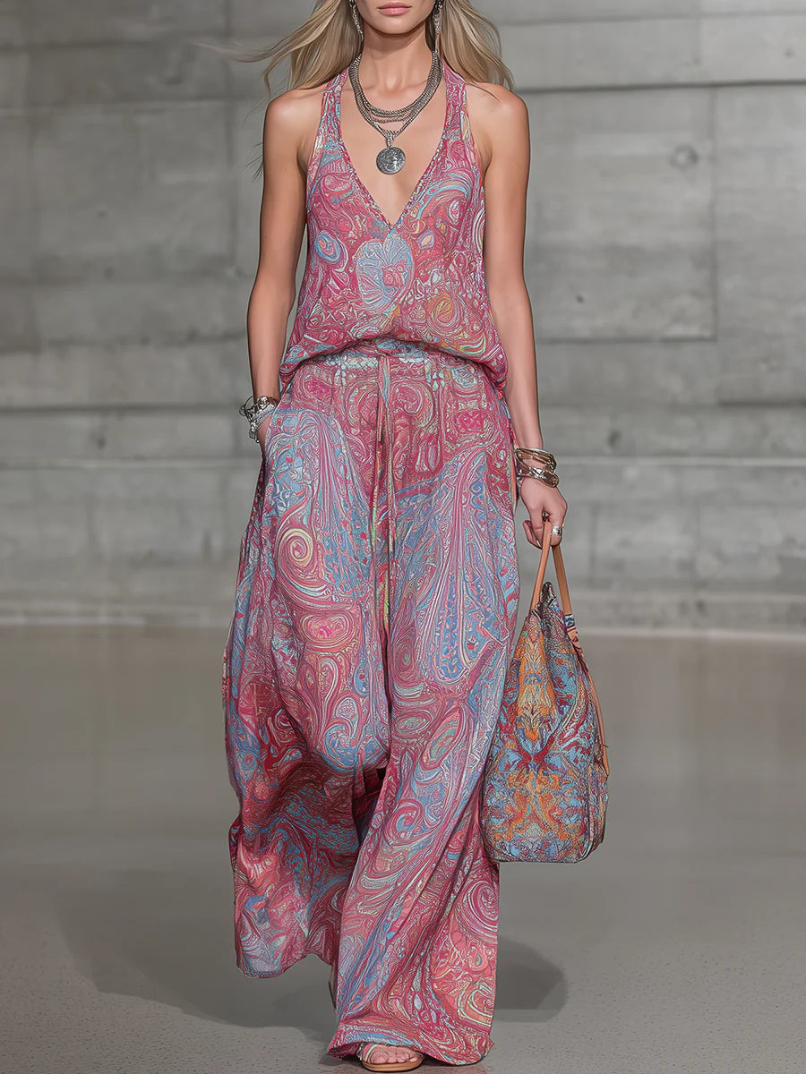 Casual Printed V-neck Sleeveless Chiffon Trouser Set