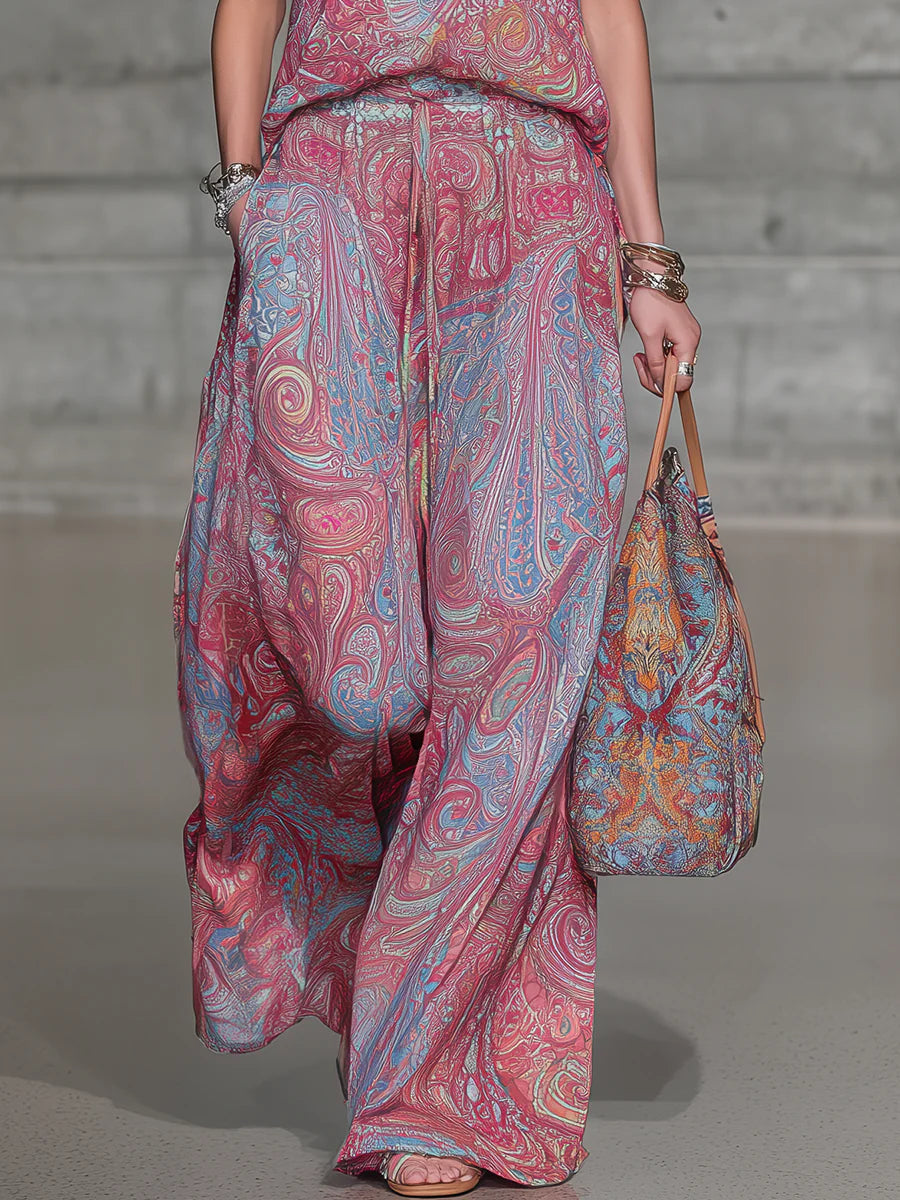 Casual Printed V-neck Sleeveless Chiffon Trouser Set