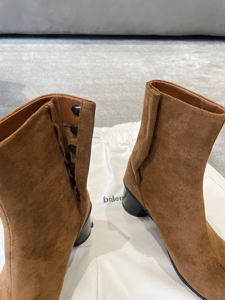 Genuine leather split-toe chunky heel mid-calf Martin boots