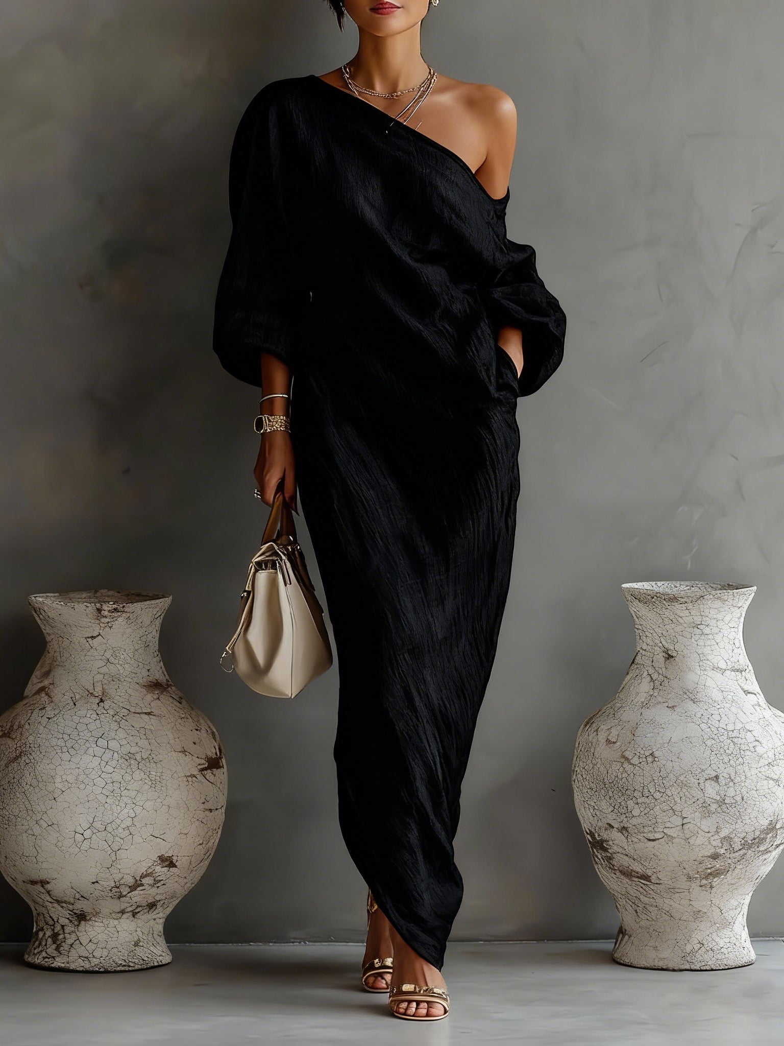Black One-shoulder Flowing Elegant Maxi Dress(No pockets)