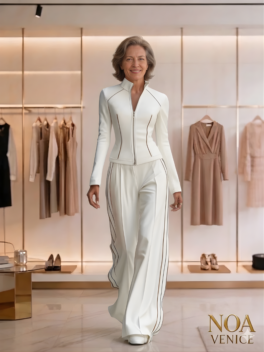 White stand-up collar zip-up wide-leg pant set
