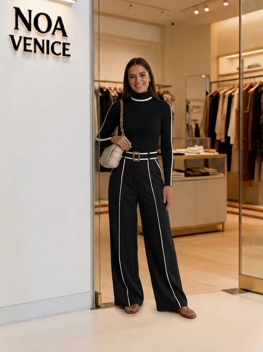 White Trim High-neck Long-sleeved Top With Wide-leg Pants and Belt Set