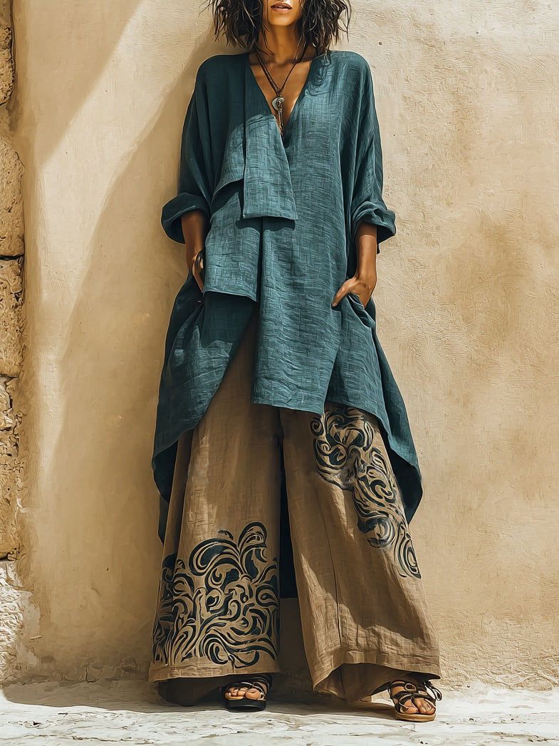 Blue Green Irregular Top And Printed Trousers Casual Suit