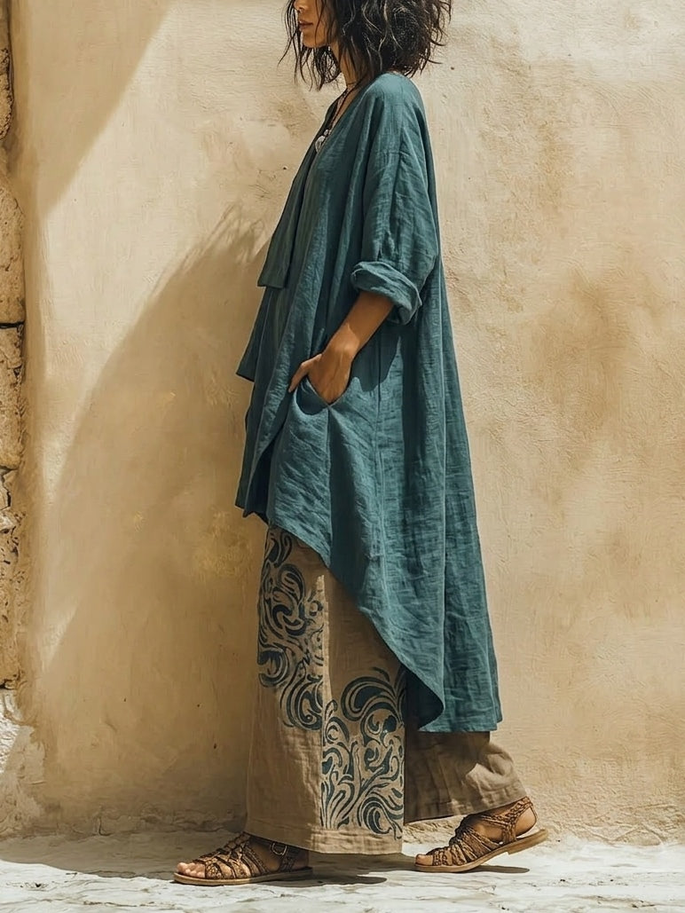 Blue Green Irregular Top And Printed Trousers Casual Suit