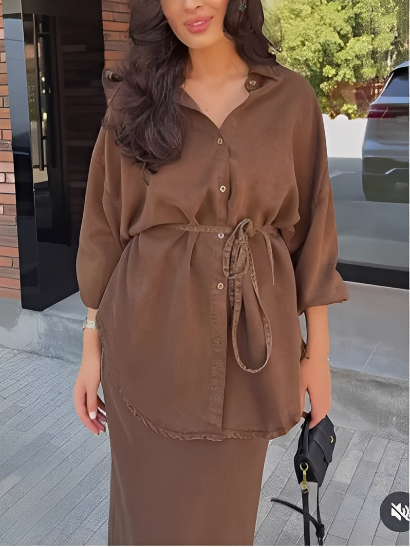 Brown Long-sleeved Tie-Drawstring Shirt and Skirt Set