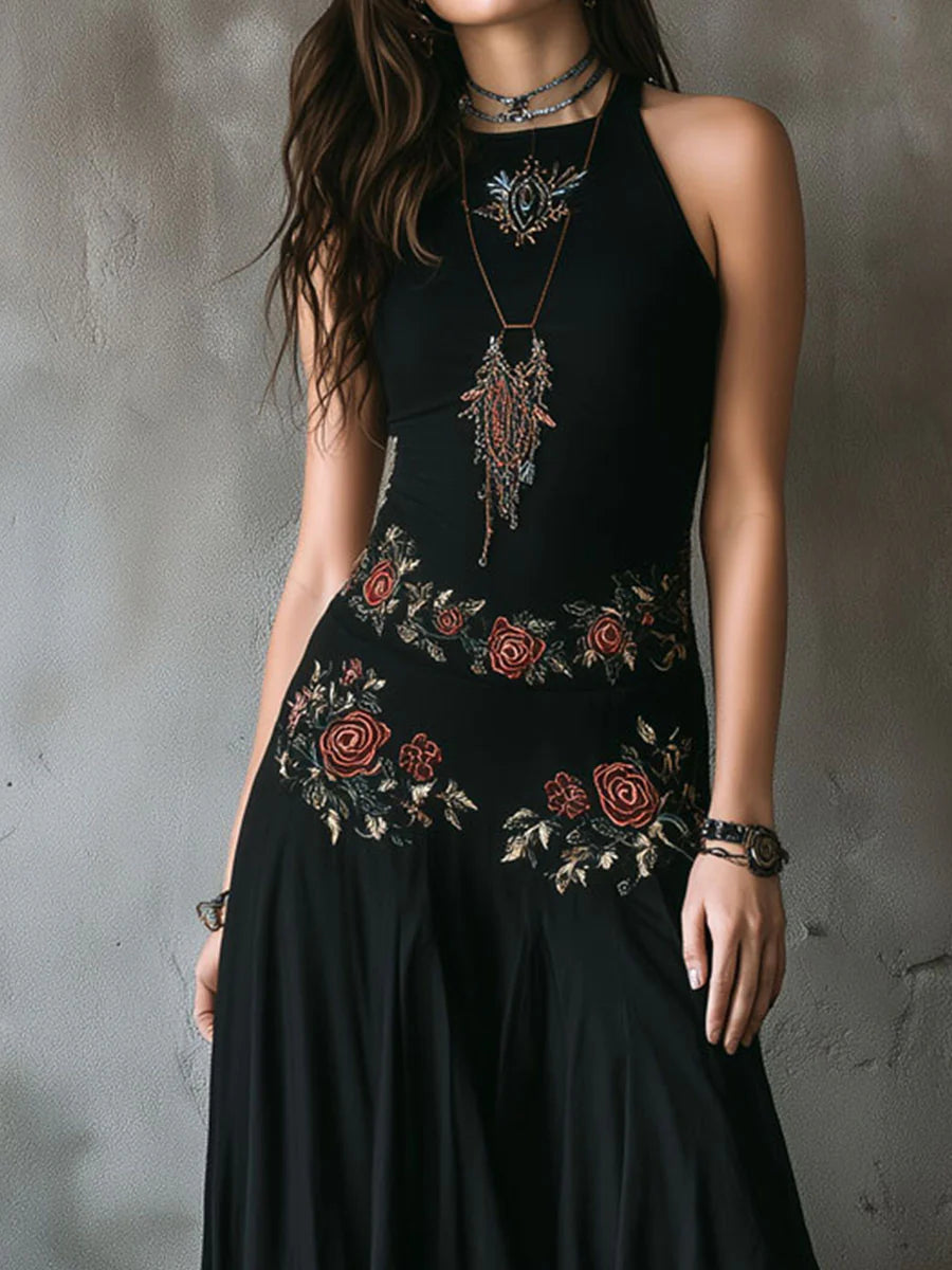 Boho Black Embroidered Halter Neck Maxi Dress（Accessories not included.）