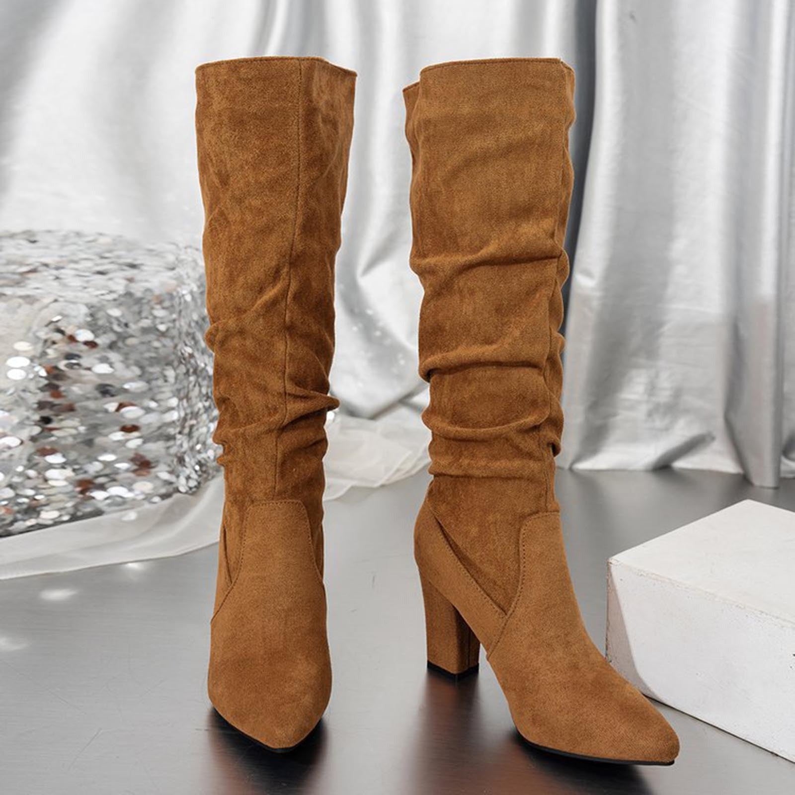 Faux Suede Mid-calf Chunky Heel Boots