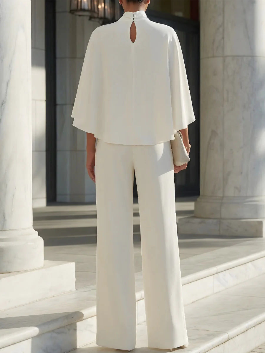 Cape-Sleeve High-Neck Blouse & Slit Wide-Leg Trousers Set