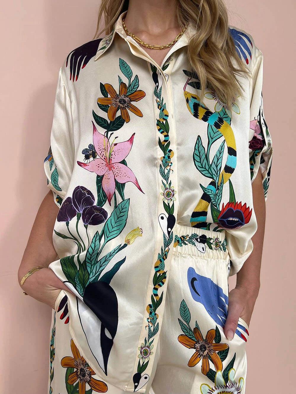 Satin unique print shirt & trousers set