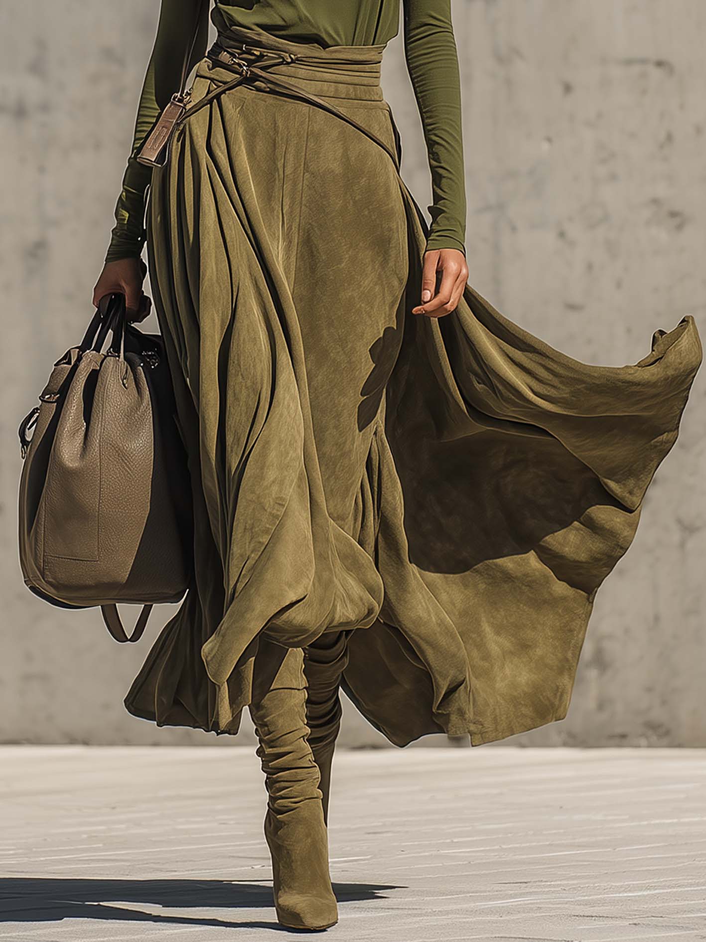 Olive Green Stretch Turtleneck Top And Faux Suede Maxi Skirt Set（Includes belt）