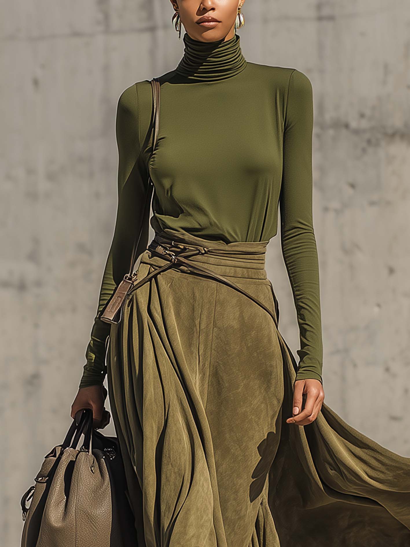 Olive Green Stretch Turtleneck Top And Faux Suede Maxi Skirt Set（Includes belt）