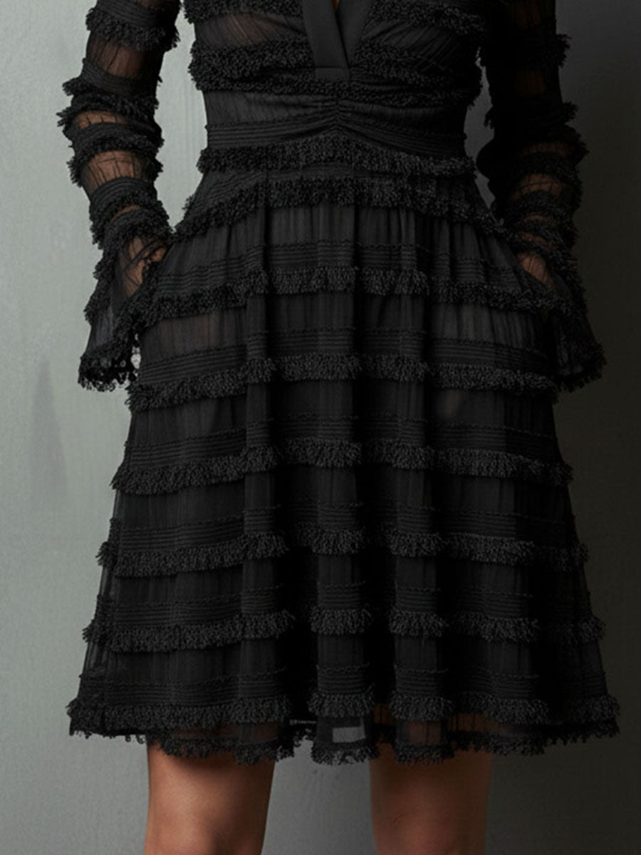 Black Fringe Textured Sheer Layered Mini Dress
