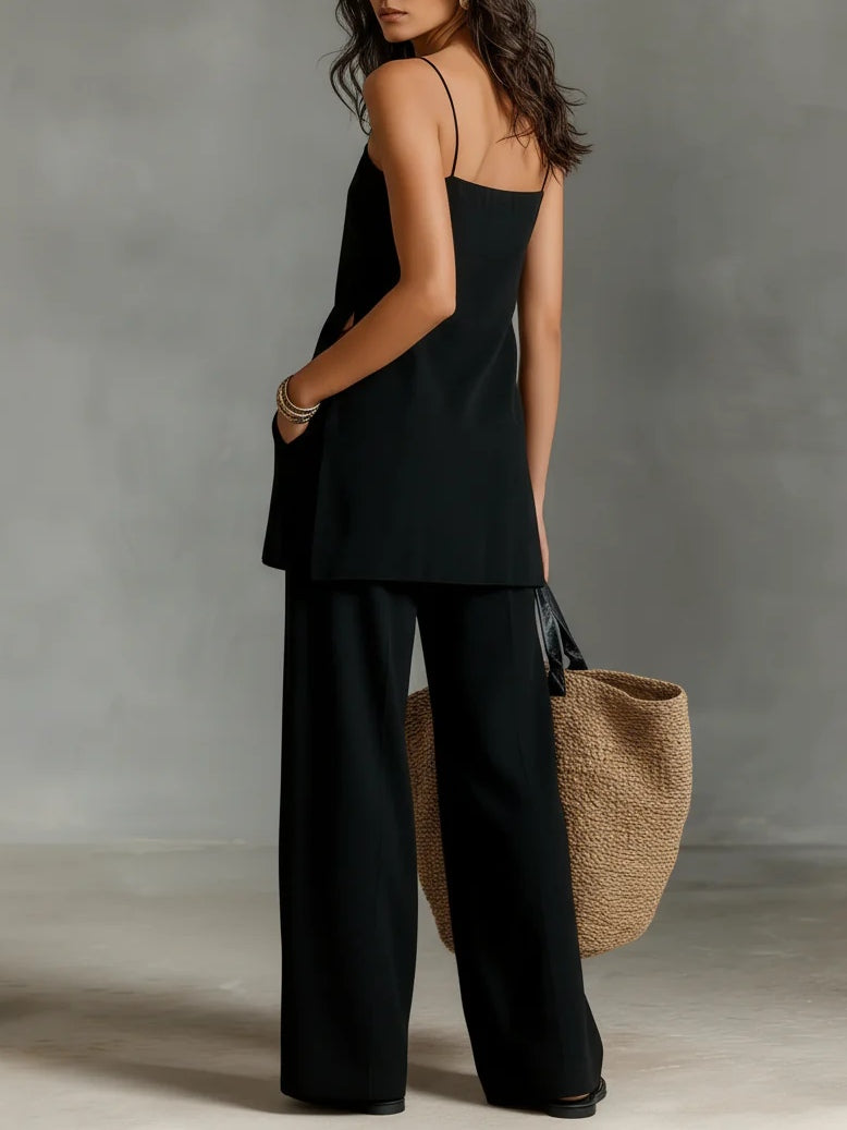 Black Halter Top And Straight-leg Pants Two-piece Set