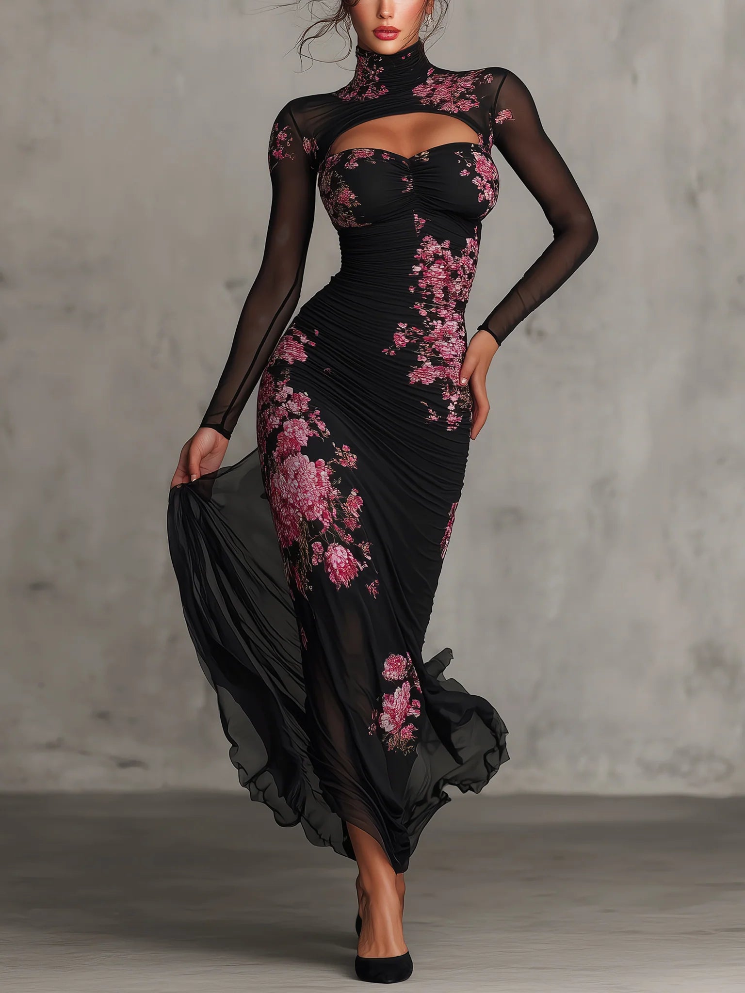 Black Floral Print Sheer Cutout Fitted Maxi Dress