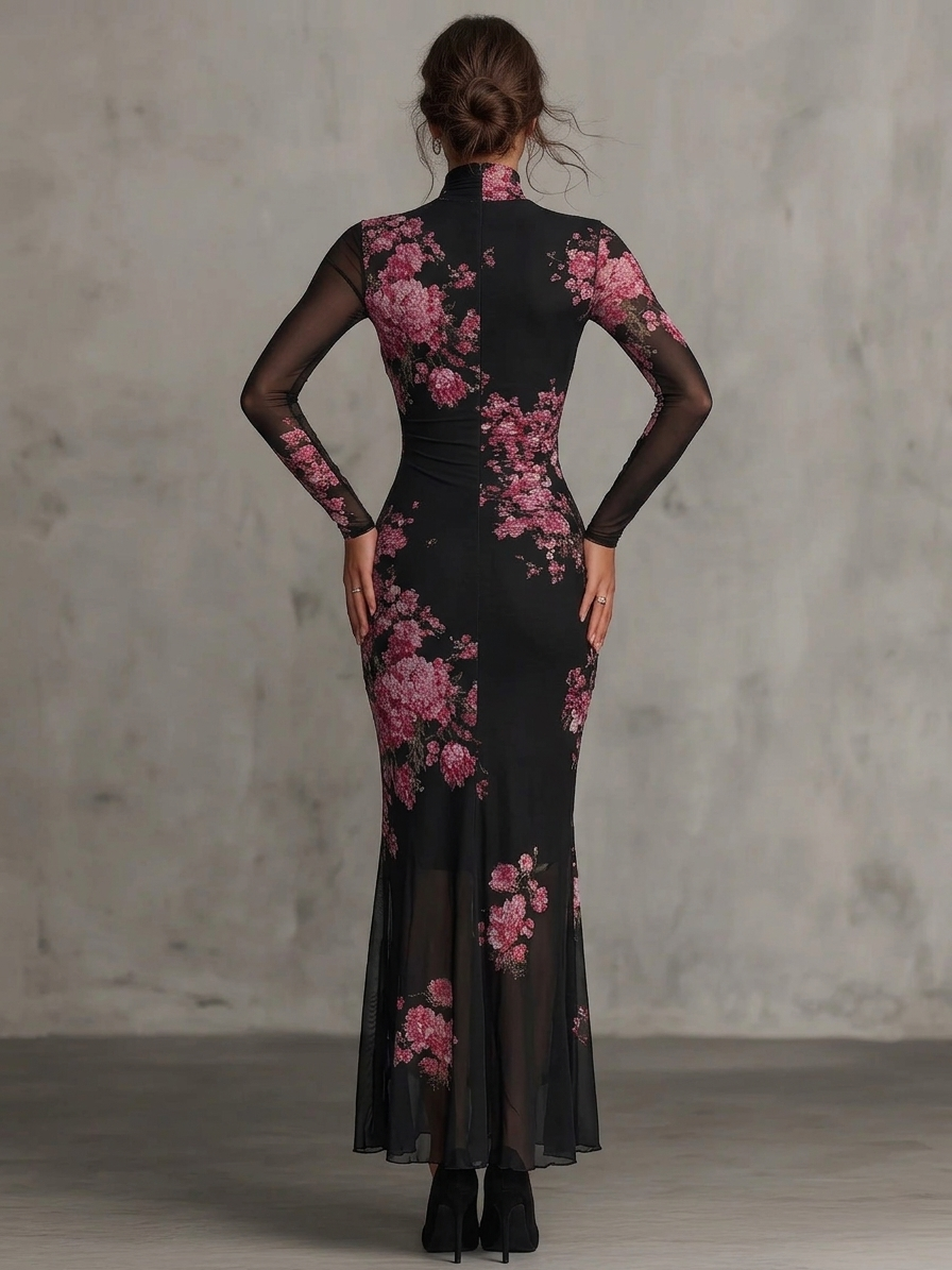 Black Floral Print Sheer Cutout Fitted Maxi Dress