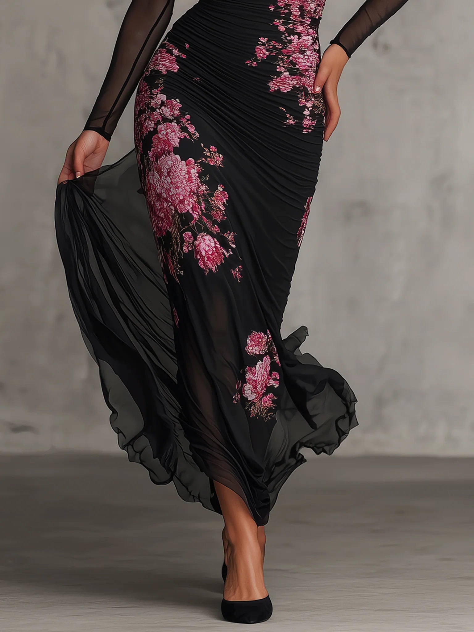 Black Floral Print Sheer Cutout Fitted Maxi Dress