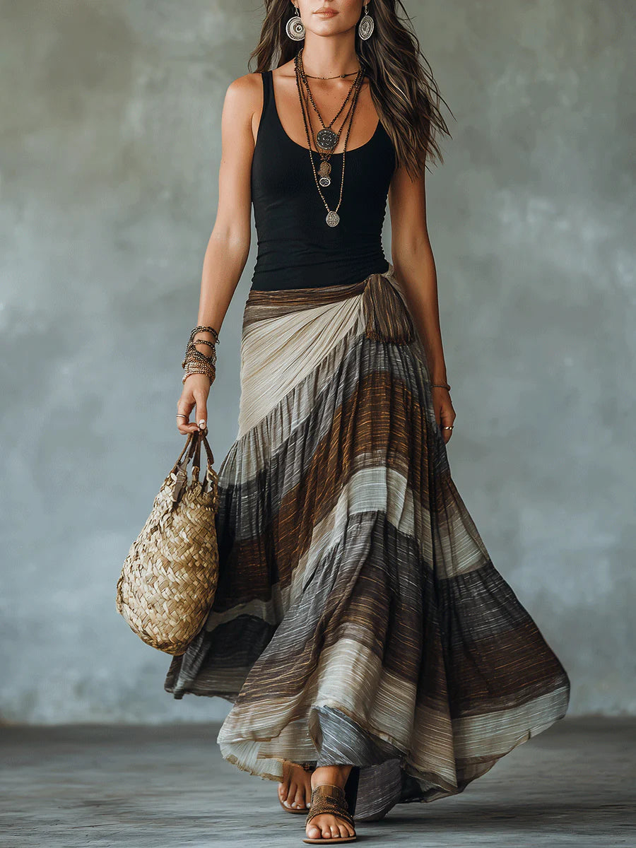 Bohemian Nomadic Striped Skirt And Black Camisole Set