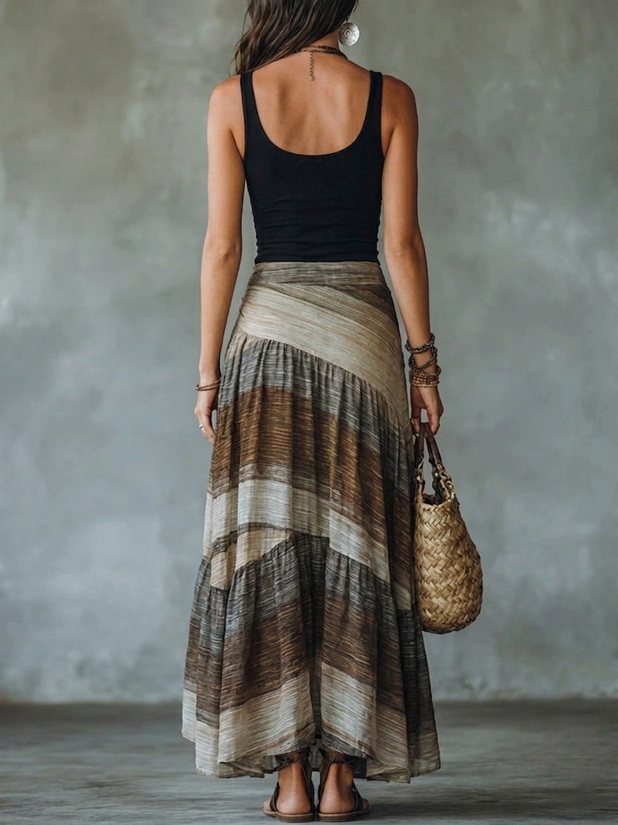 Bohemian Nomadic Striped Skirt And Black Camisole Set
