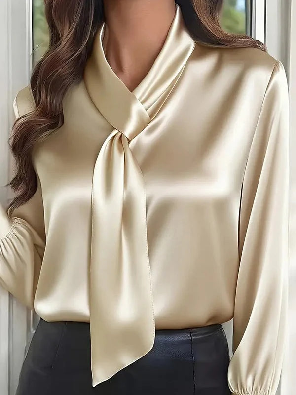 Solid Color Long-sleeved Bow Tie Casual Shirt