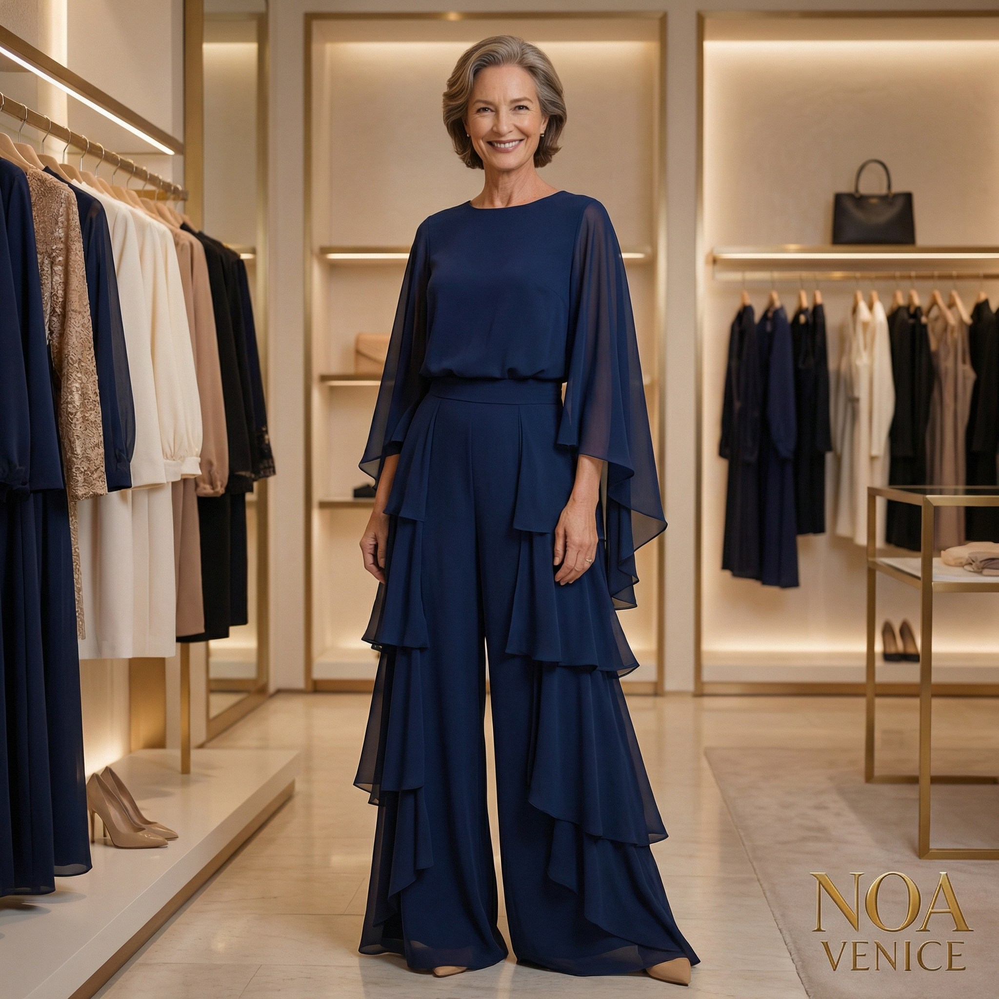 Navy Chiffon Bell-sleeve Top And Ruffled Straight-leg Pants Set