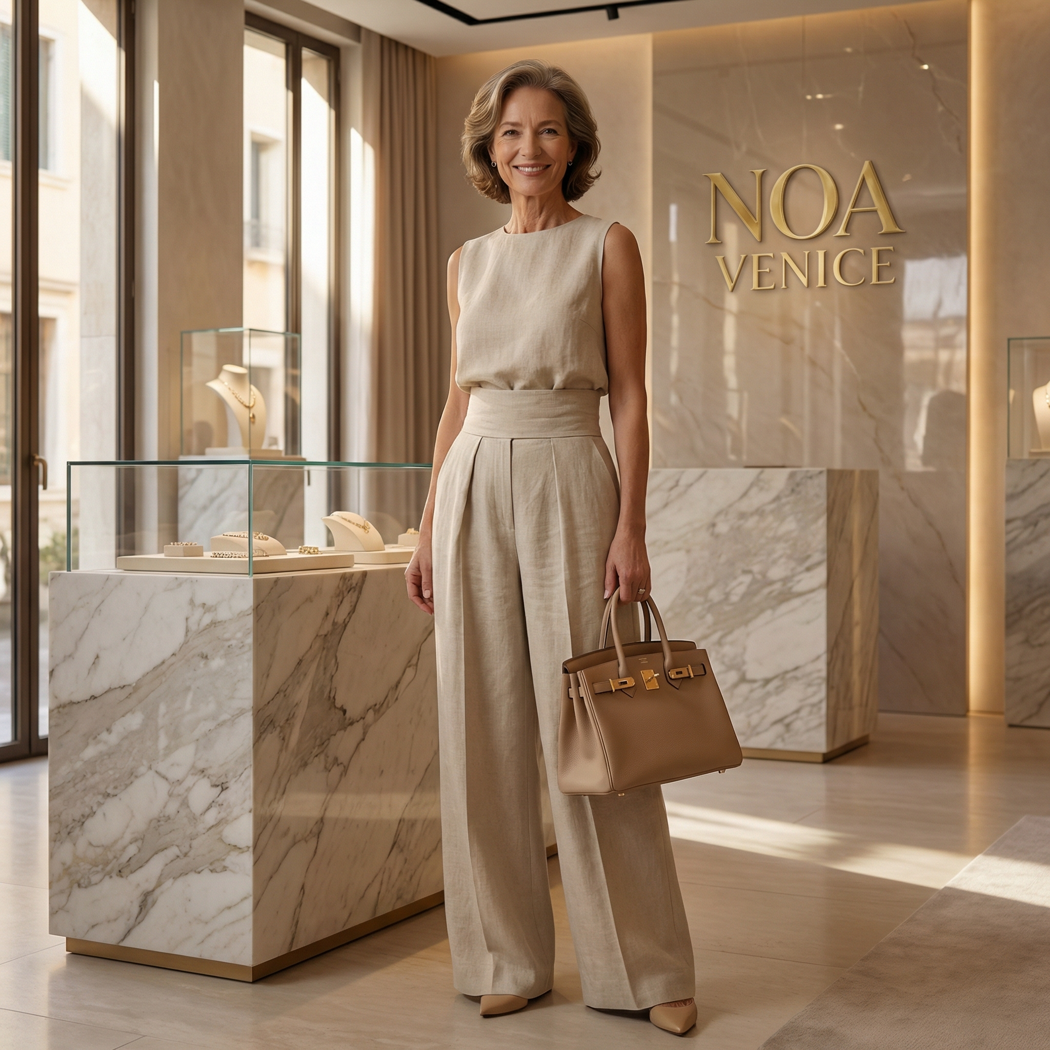 Beige Faux Cotton-linen Blend Sleeveless Top And Wide-leg Pants Set