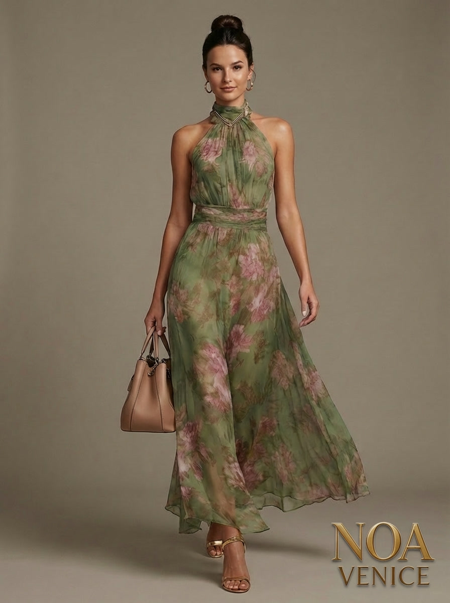Green Floral Chiffon Halter Maxi Dress