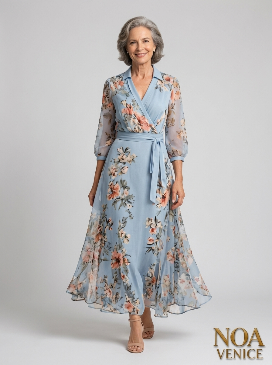 Floral Print V-Neck Short Sleeve Bow Waist Midi Dress
