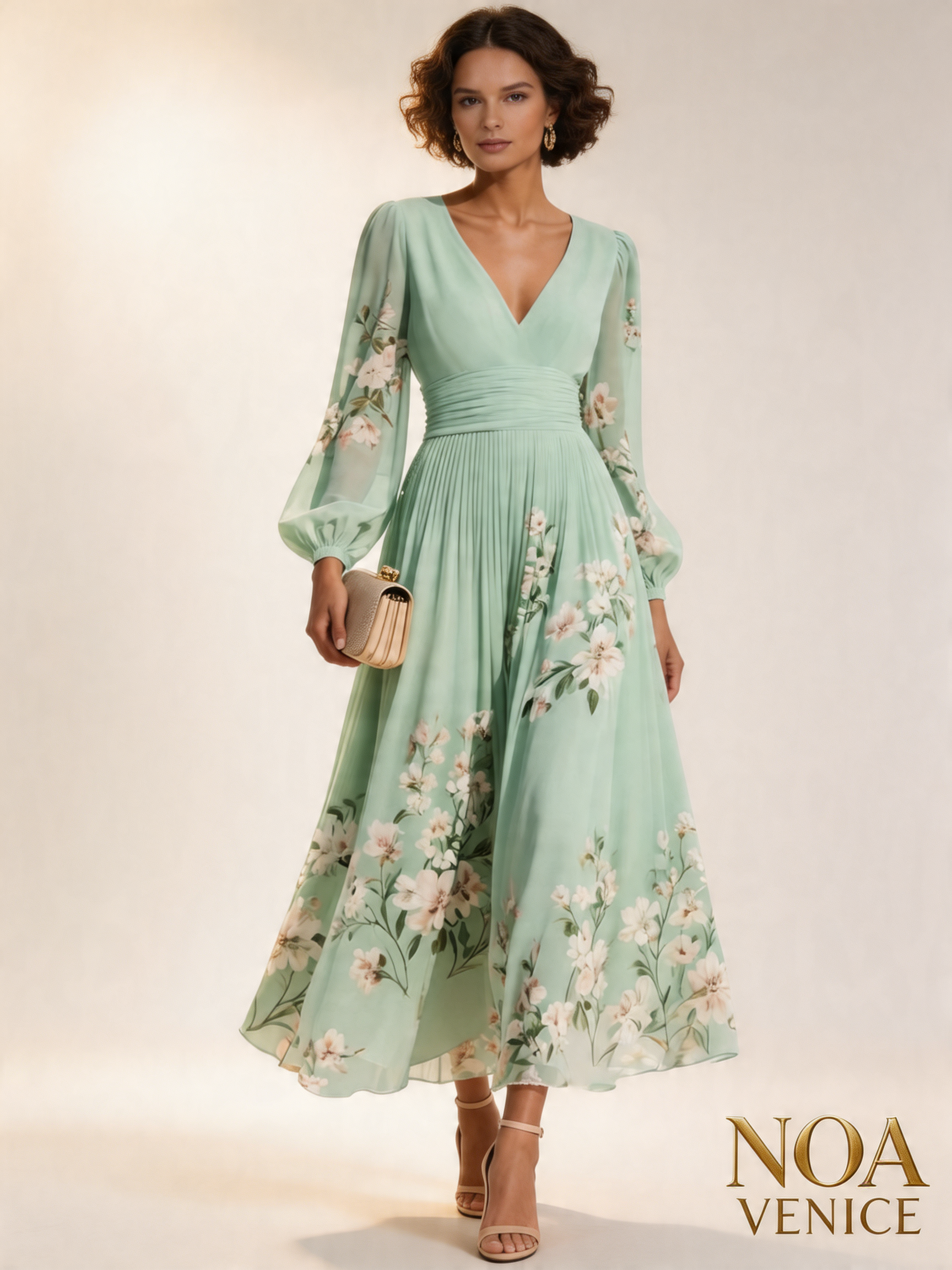 Light Green V-Neck Chiffon Pleated Floral Midi Dress