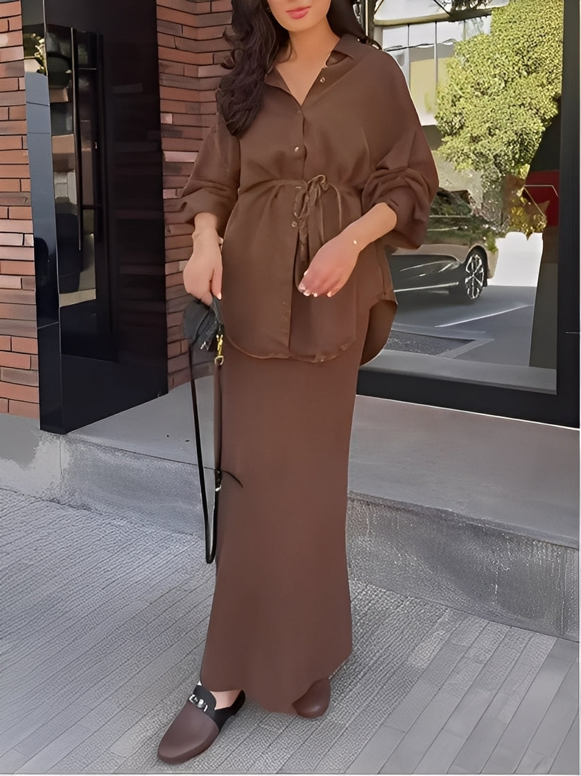 Brown Long-sleeved Tie-Drawstring Shirt and Skirt Set